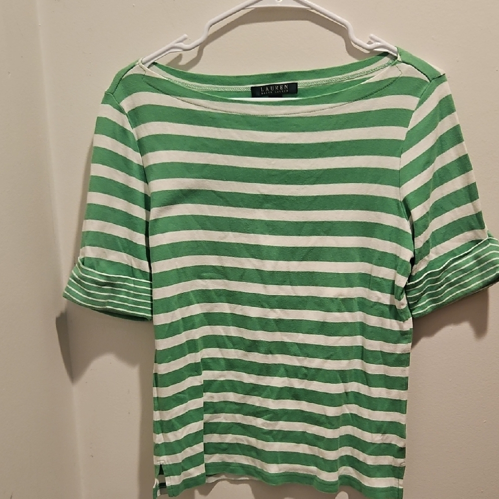Ralph Lauren Green and White Striped Tee